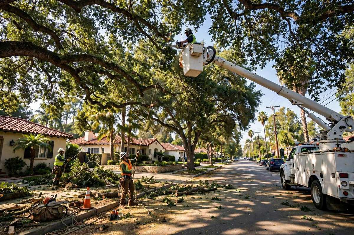Crew trimming a mature oak canopy on a Pasadena street