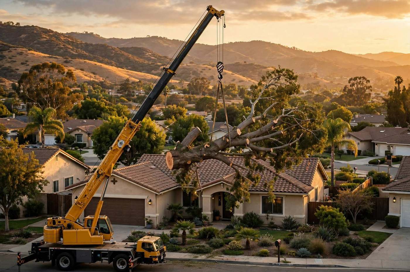 A crane lifting a large tree section over a suburban roof at golden hour